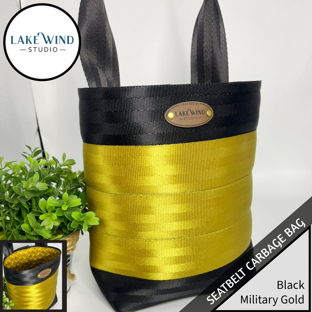 Garbage bag for car made from seatbelt webbing - black and military gold