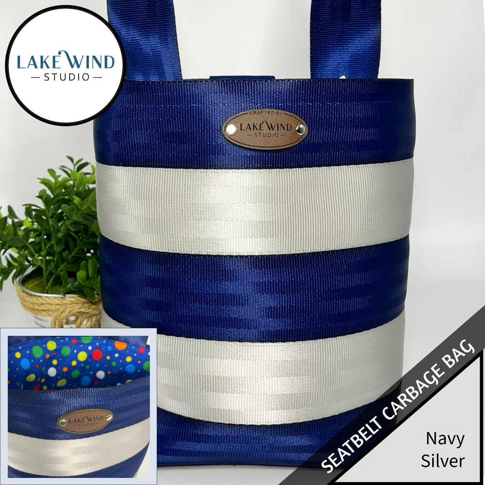 Garbage bag for car made from seatbelt webbing - navy and silver