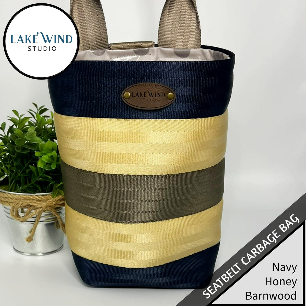 Garbage bag for car made from seatbelt webbing - navy, tan, ivory