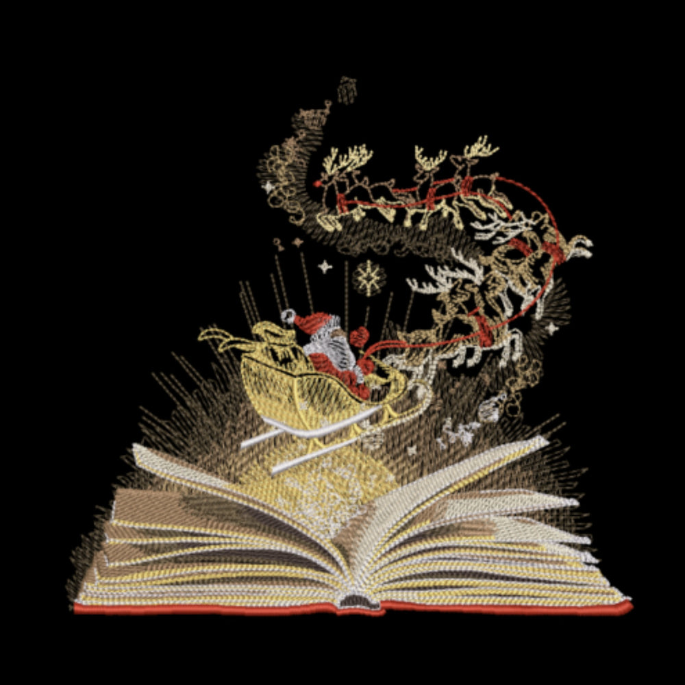 Embroidered design of Santa Claus in a sleigh on an open book with a black background