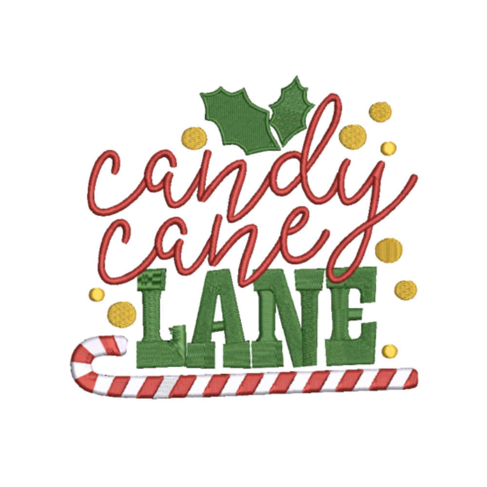 Decorative Christmas throw design with text 'candy cane lane' with a candy cane and holly leaf on a white background