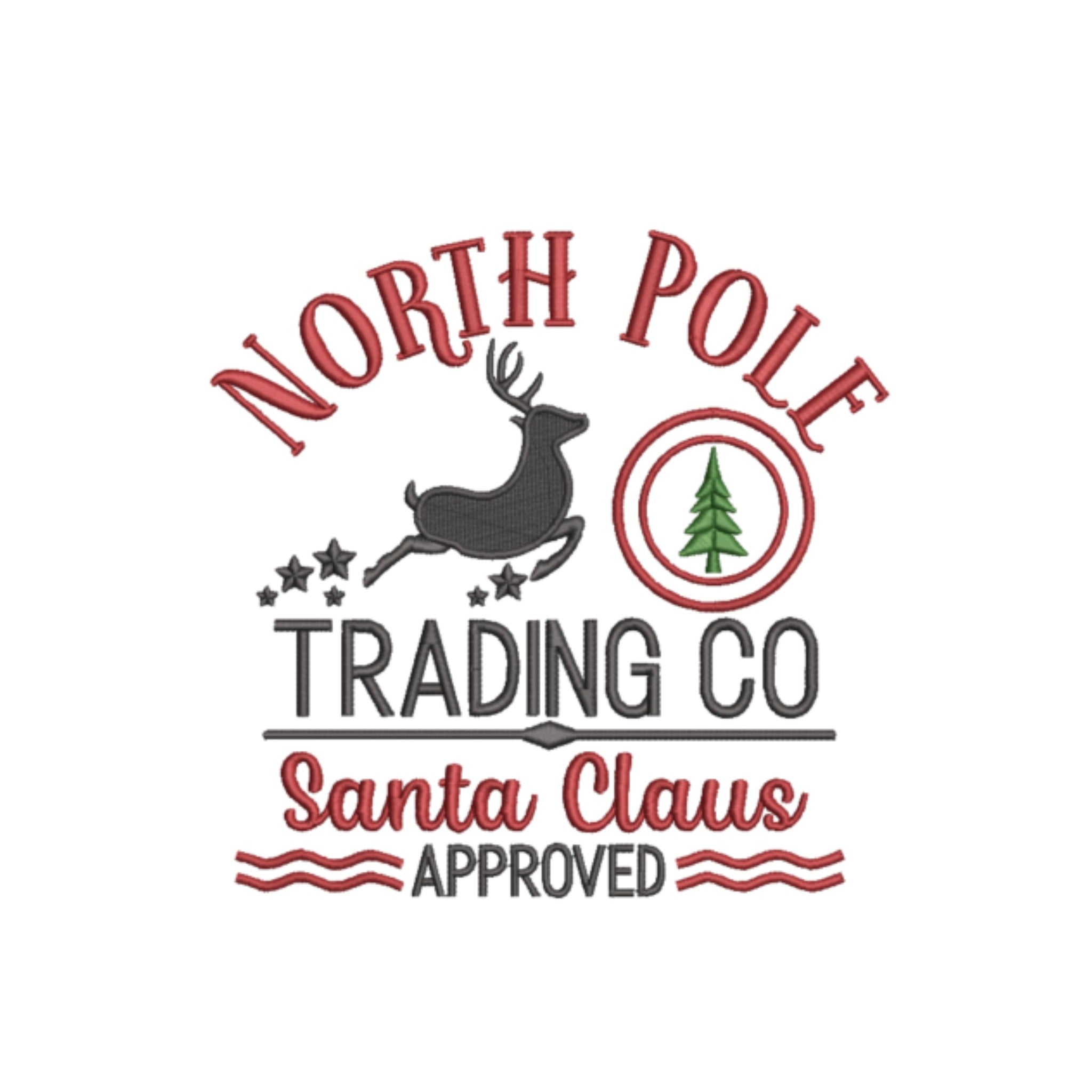 Logo of North Pole Trading Co with a reindeer and tree design on a white background for a Christmas Pillow design.