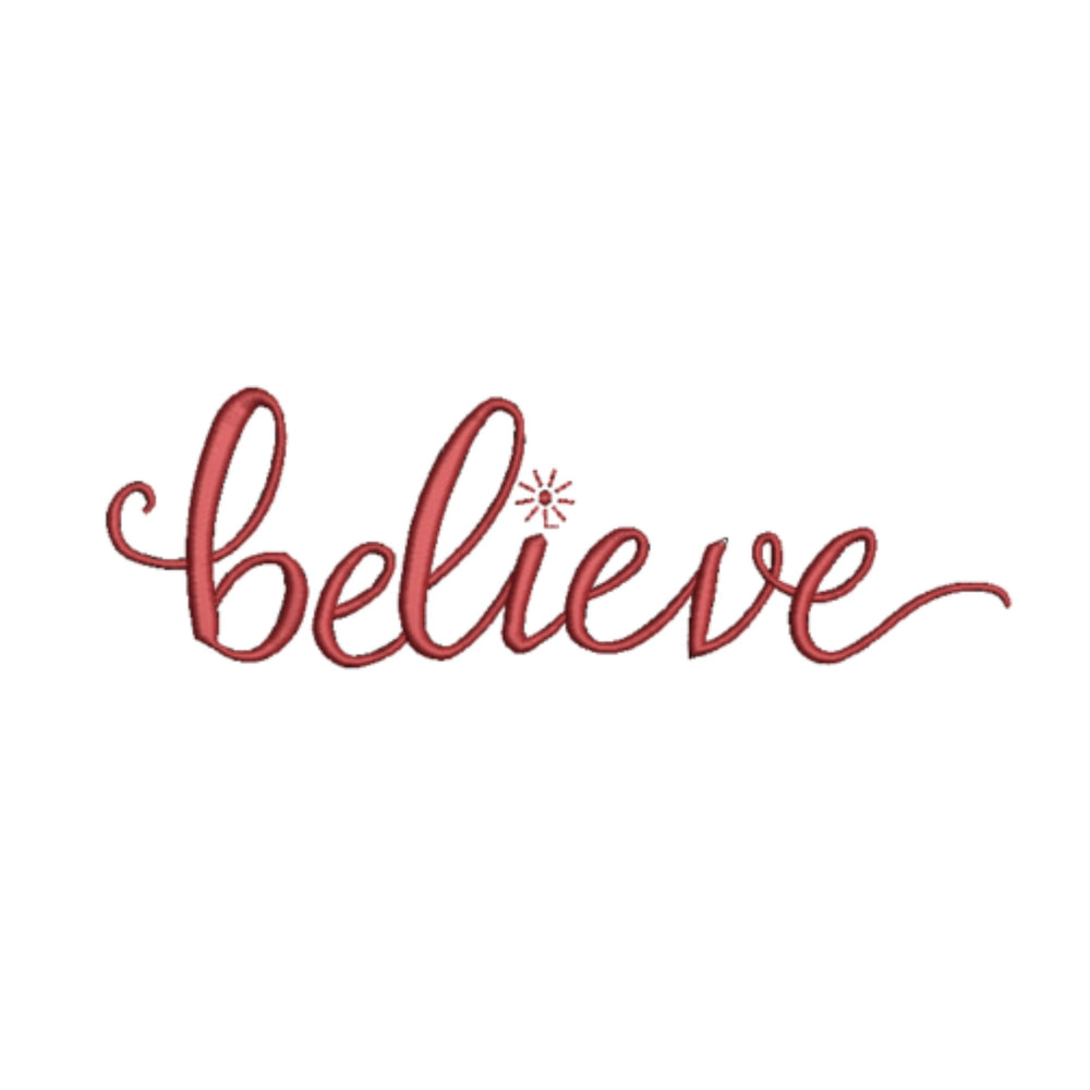 Red 'believe' text on a white background