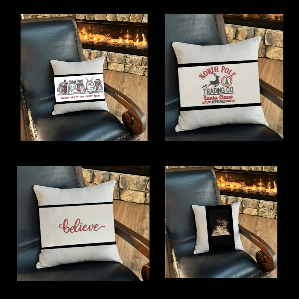 Collage of decorative Christmas throw pillows with various designs on a chair in front of a fireplace.