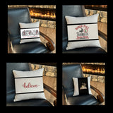 Collage of decorative Christmas throw pillows with various designs on a chair in front of a fireplace.