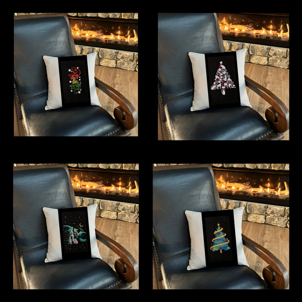 Black decorative throw pillows for Christmas with festive designs on a chair in front of a fireplace.