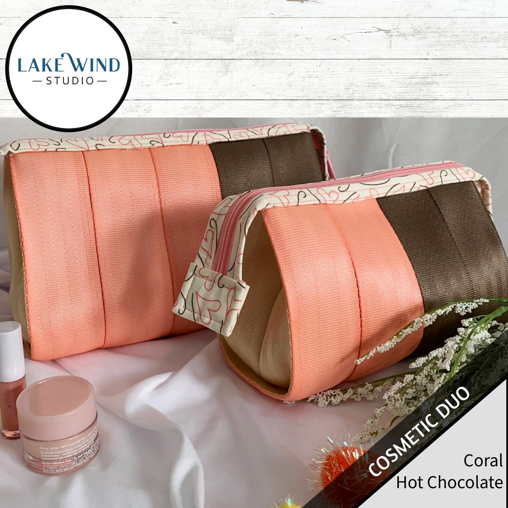 Cosmetic bag - makeup bag -  coral and dark brown