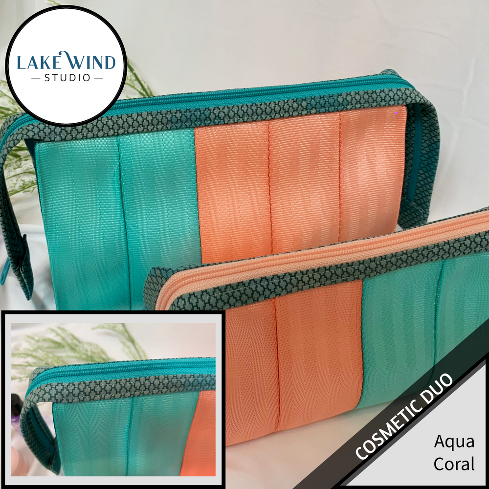 Cosmetic bag - makeup bag -  coral and teal