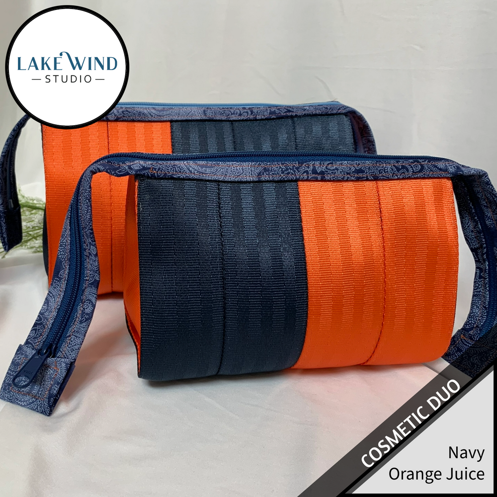 Cosmetic bag - makeup bag -  orange and navy