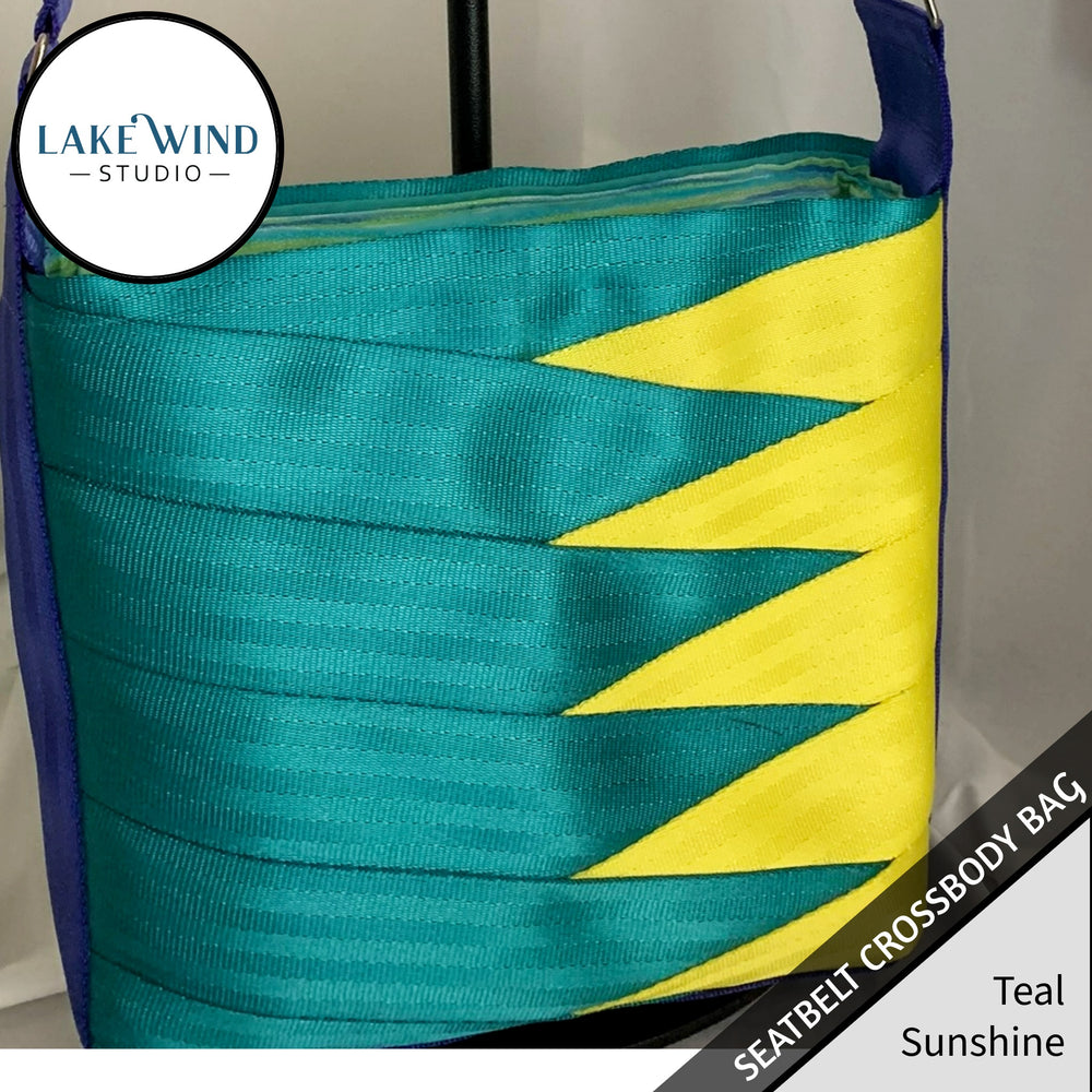 Crossbody seatbelt bag - teal and yellow