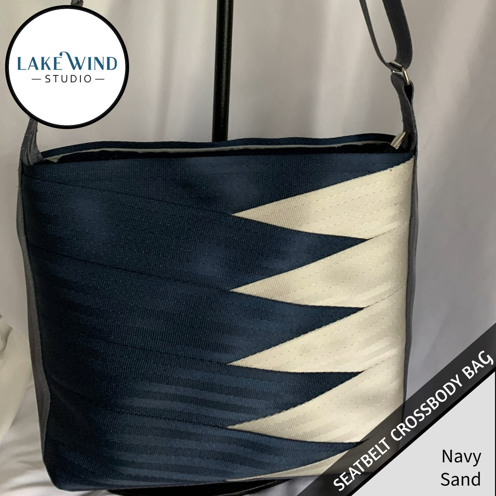 Crossbody seatbelt bag - navy and tan