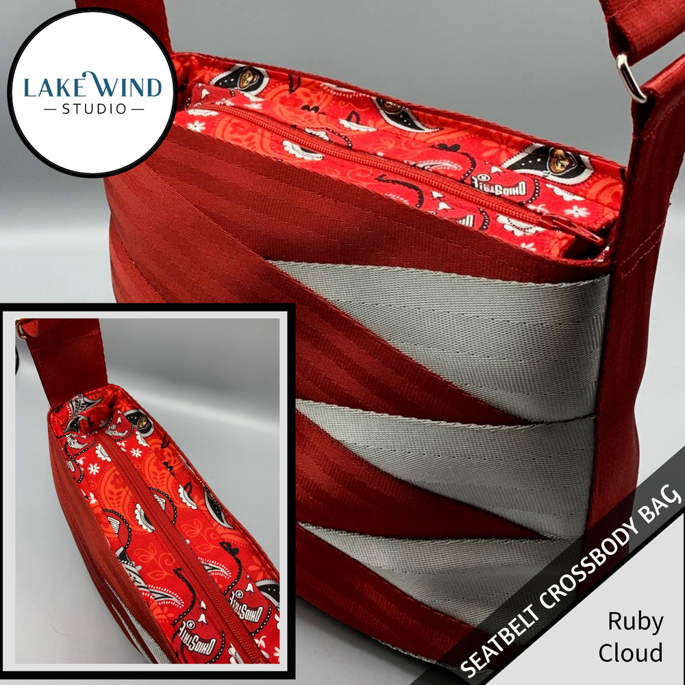Crossbody seatbelt bag - ruby and white