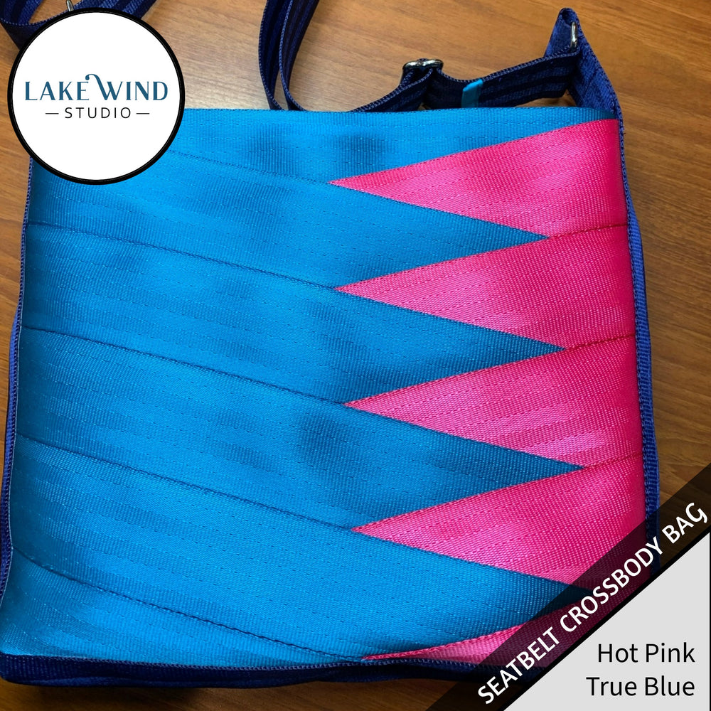 Crossbody seatbelt bag - blue and pink
