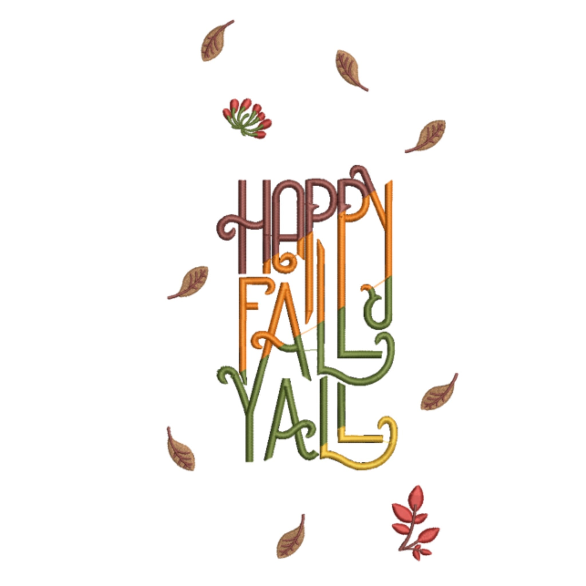 Text 'Happy Fall Y'all' with autumn leaves on a white background