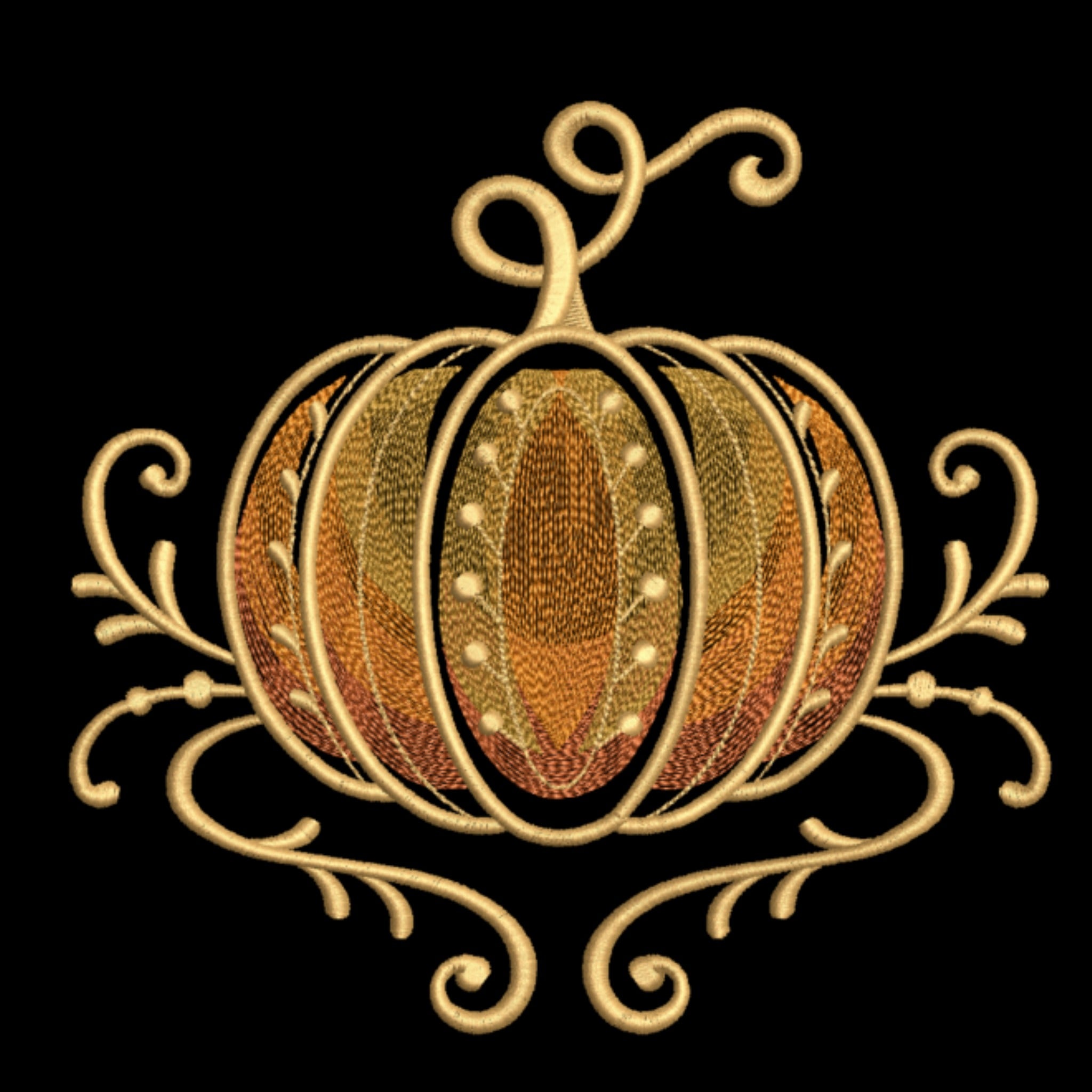 Decorative pumpkin design with intricate details on a black background