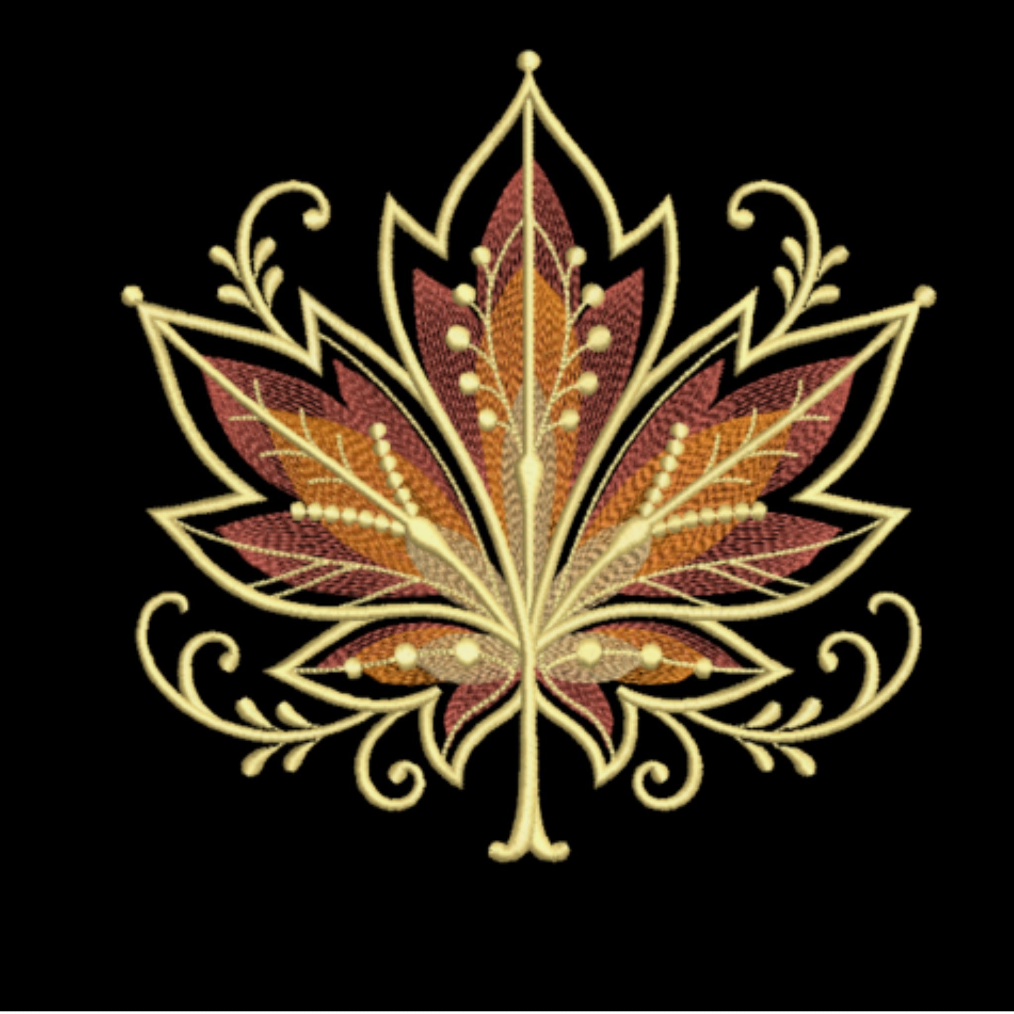 Decorative maple leaf design with gold and brown colors on a black background