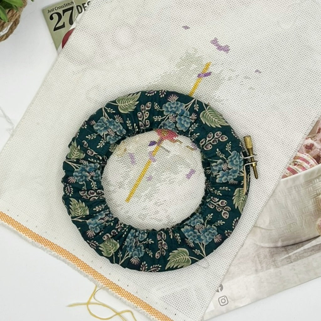 Embroidery hoop with floral design on a white fabric background