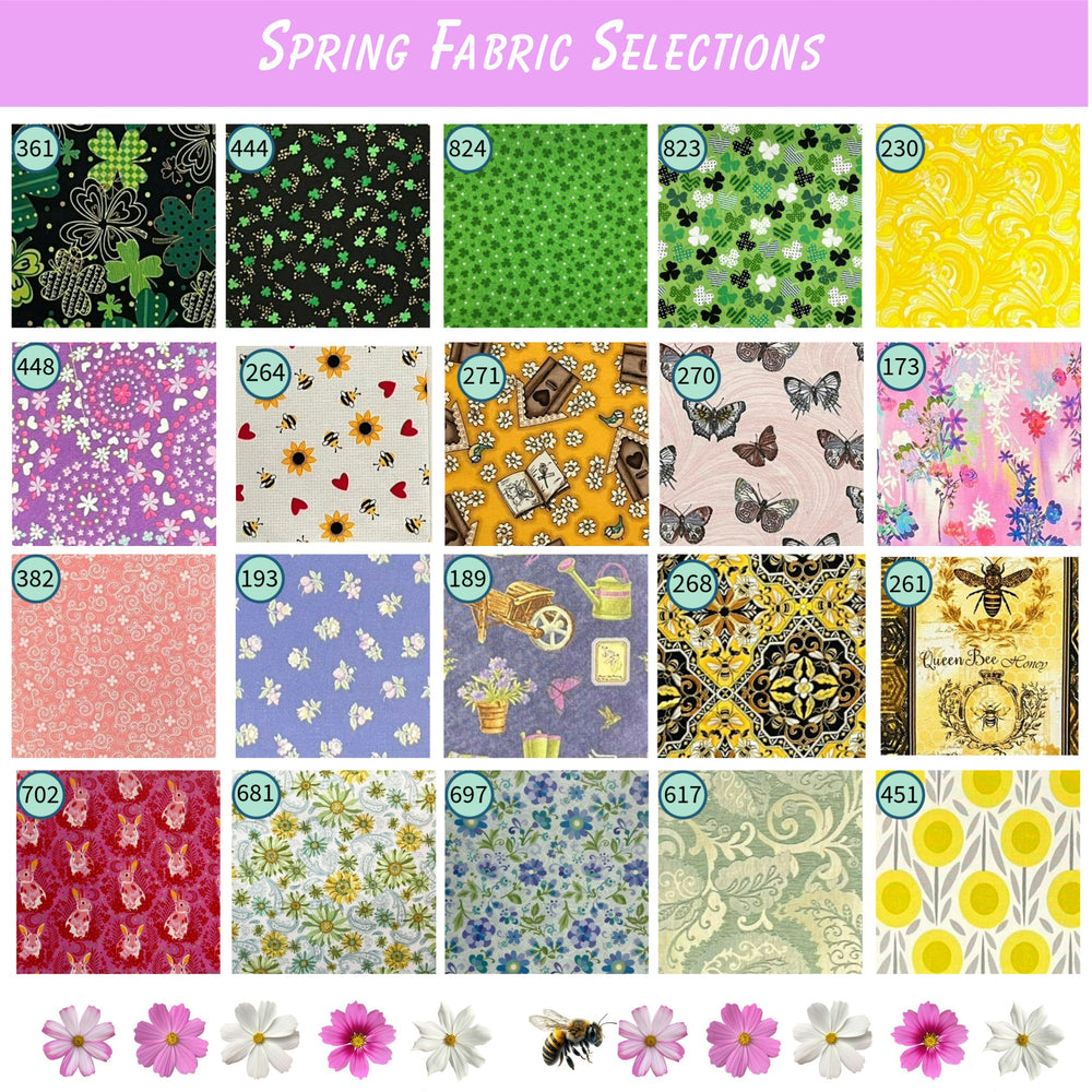 Grid of various spring-themed fabric patterns with a colorful background.