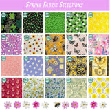 Grid of various spring-themed fabric patterns with a colorful background.