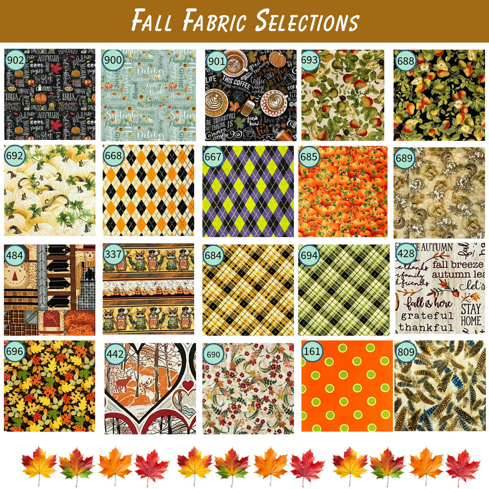 Collage of various fall-themed fabric patterns with leaf graphics at the bottom.