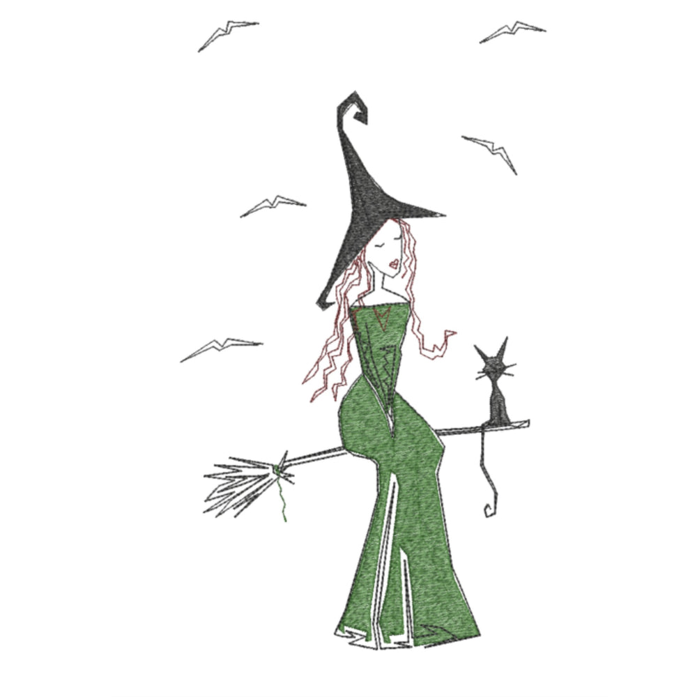 Illustration of a witch in a green dress with a black hat and broomstick, standing on a white background.