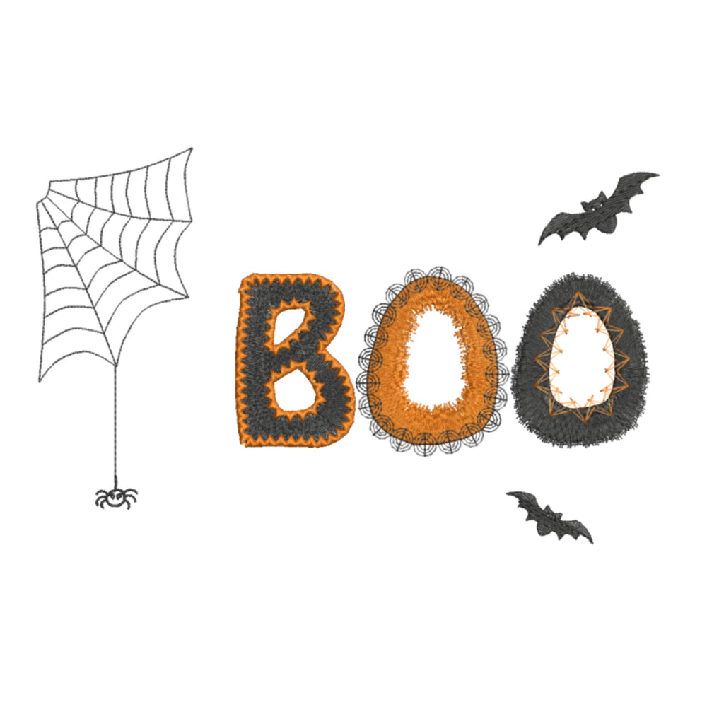 Halloween-themed decorative throw pillow design with letters spelling 'BOO' with spider webs and bats on a white background.