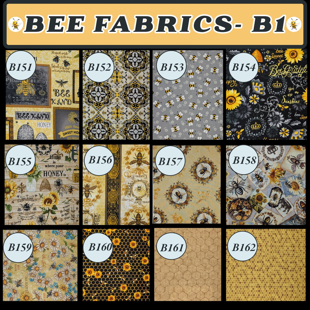 Collection of bee-themed fabric patterns with labels on a yellow background