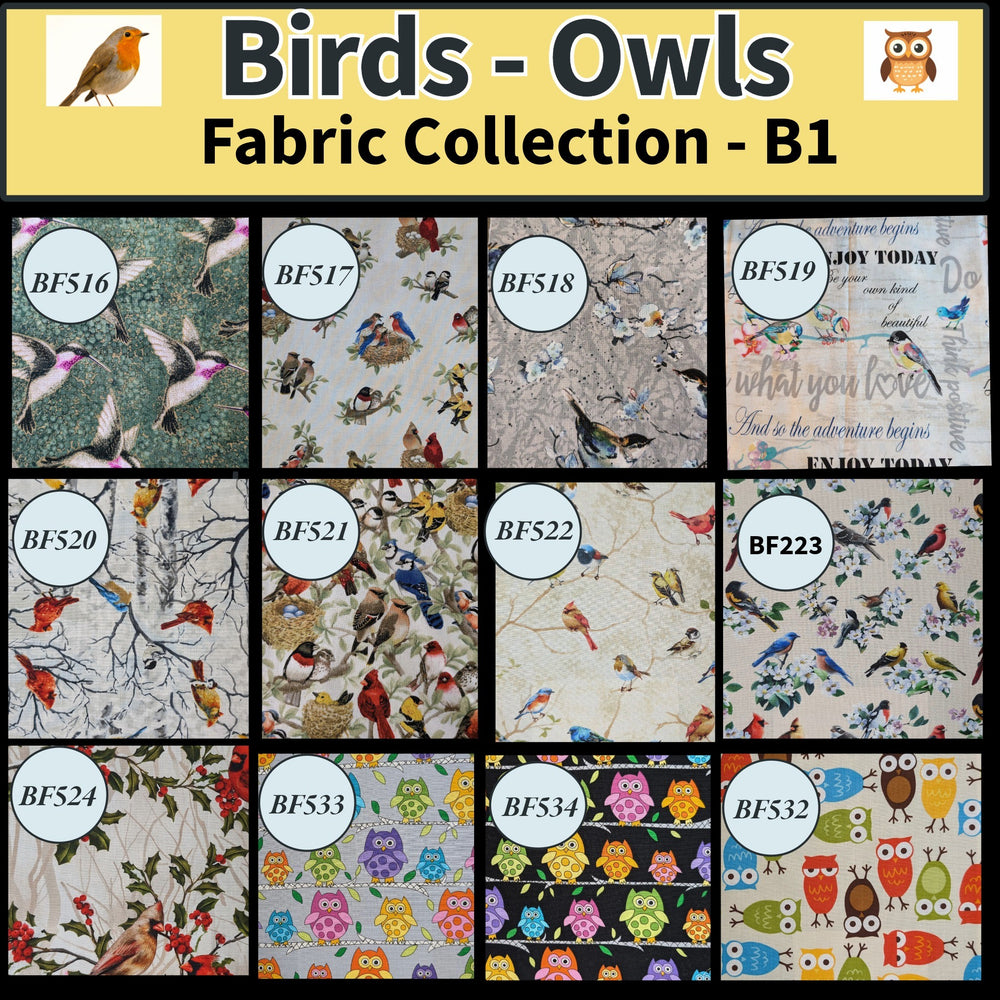 Fabric collection with bird and owl patterns labeled .