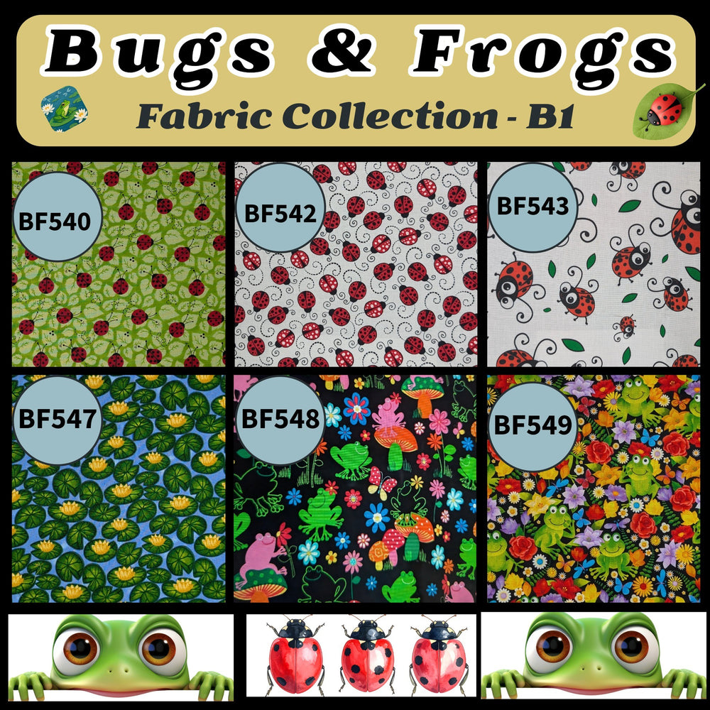 Fabric collection with patterns of bugs and frogs labeled B1.