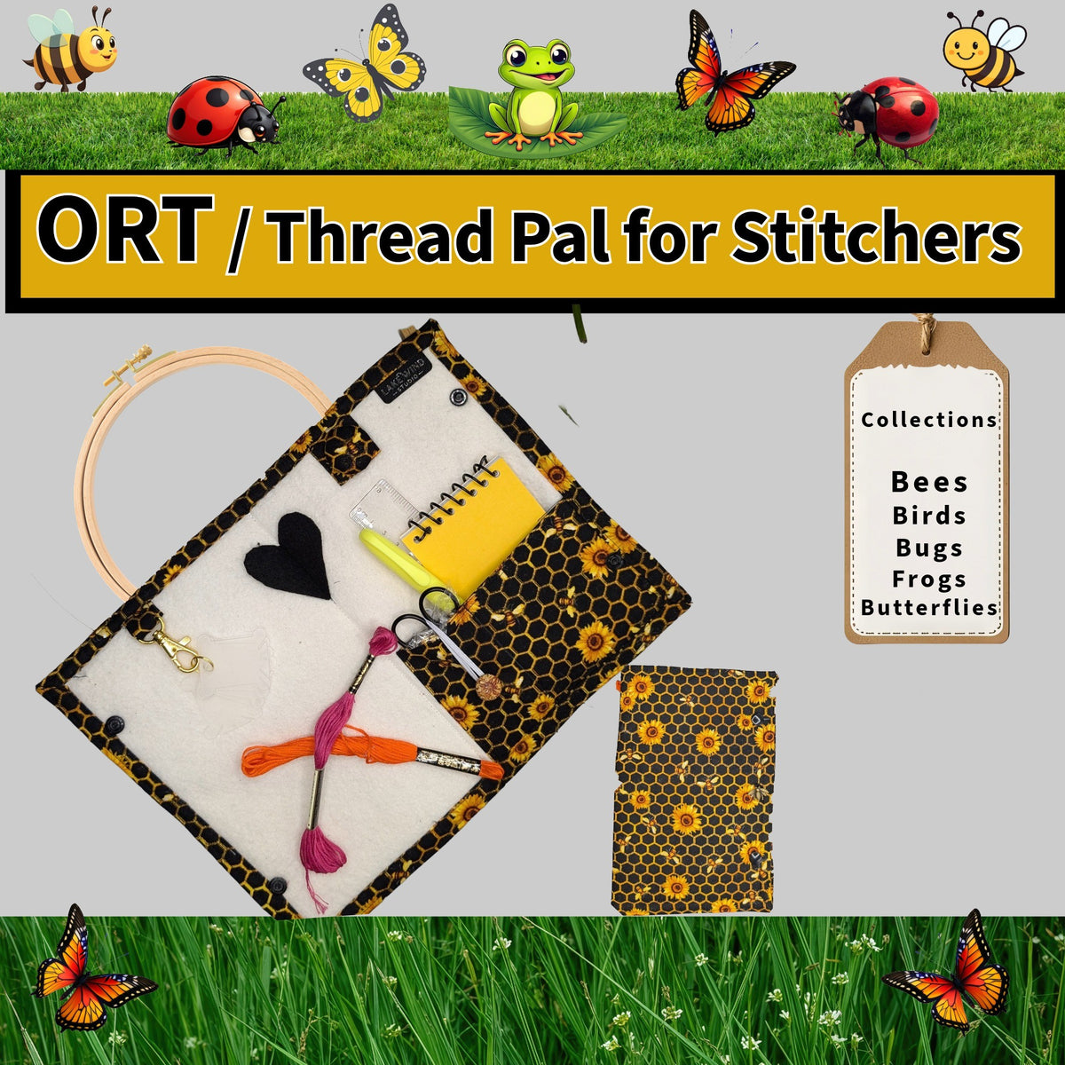 ORT Thread Pal for Stitchers with embroidery hoop, thread, and tools on a gray background with grass and insects border.