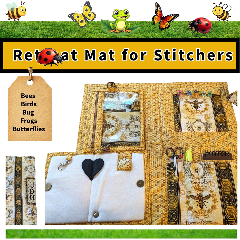 Retreat Mat for Stitchers with bee, bird, bug, frog, and butterfly designs on a grassy background.