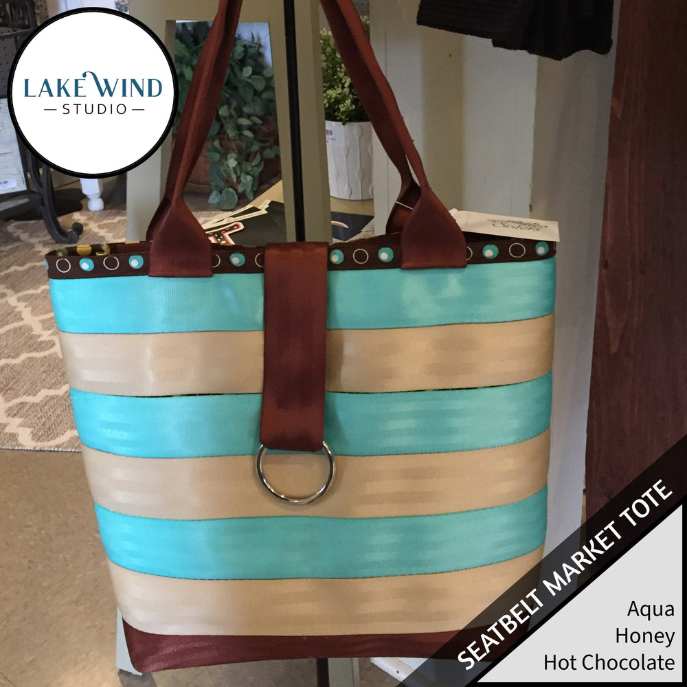 Seatbelt tote bag -  teal, brown, ivory