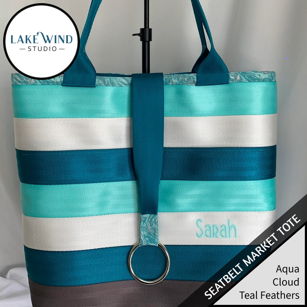 Seatbelt tote bag - teal and white