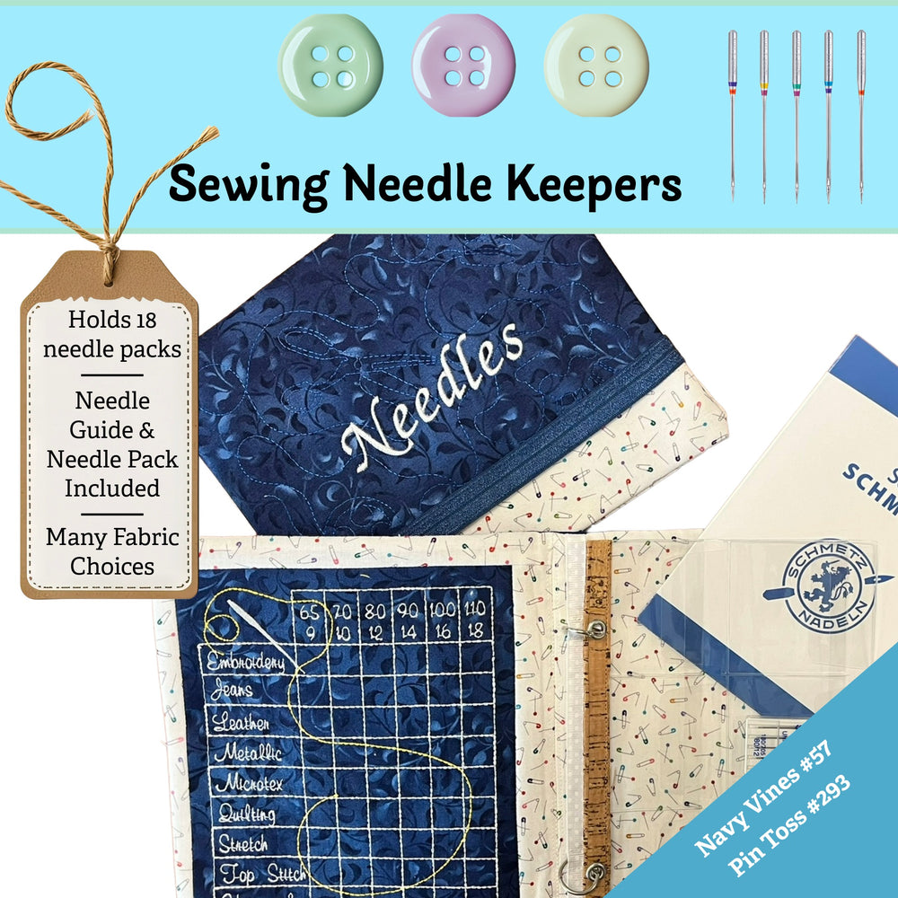 Sewing needle keeper with buttons and needles on a blue background