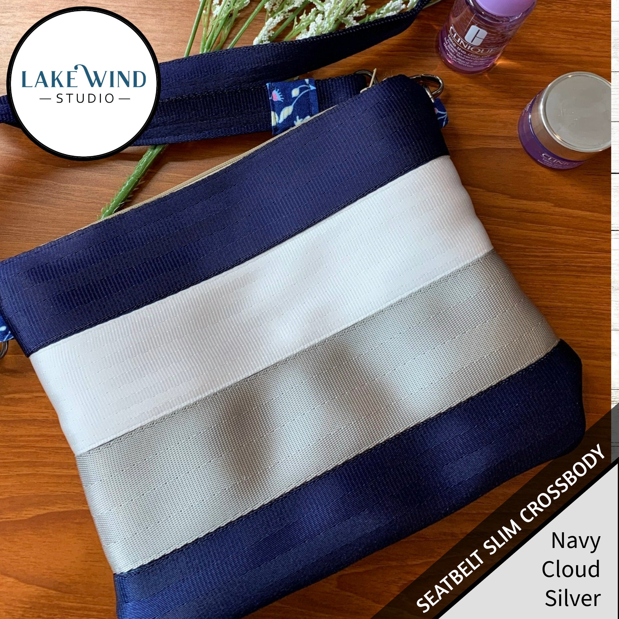 Slim Seatbelt Crossbody Bag - navy, silver, white