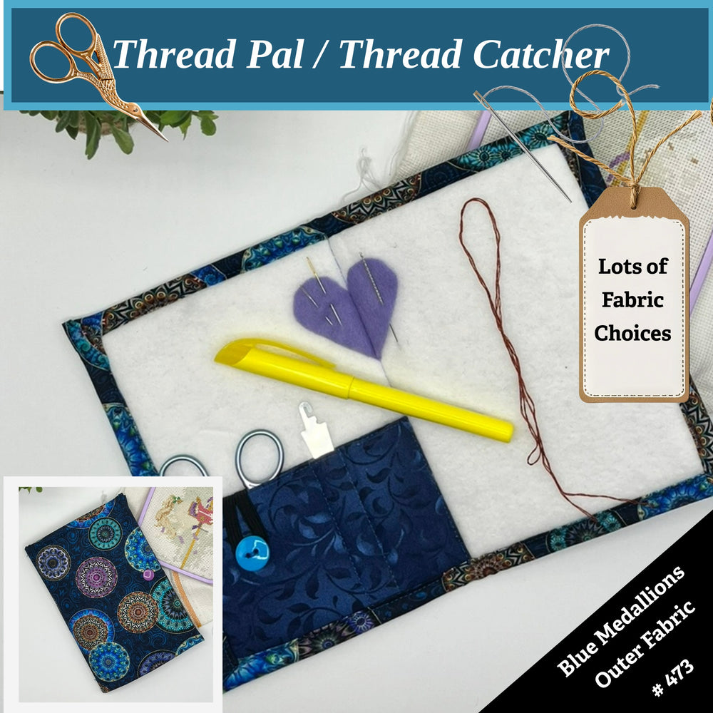 Thread Pal/Thread Catcher with blue medallions outer fabric on a white background