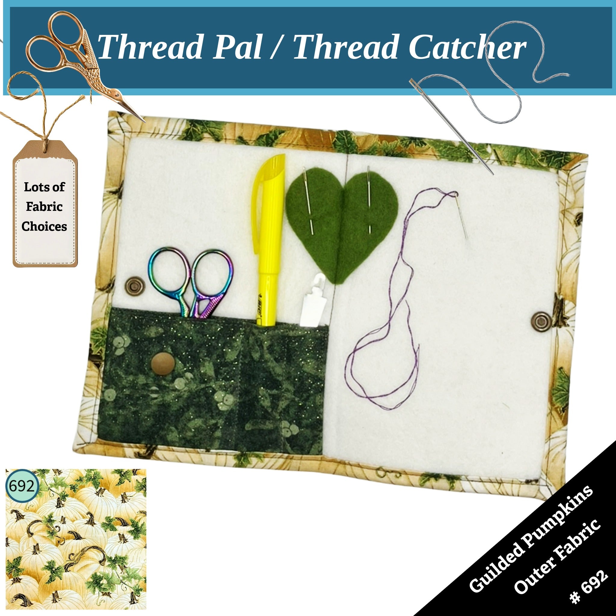 Thread Pal with fabric choices and a heart-shaped thread catcher on a white background