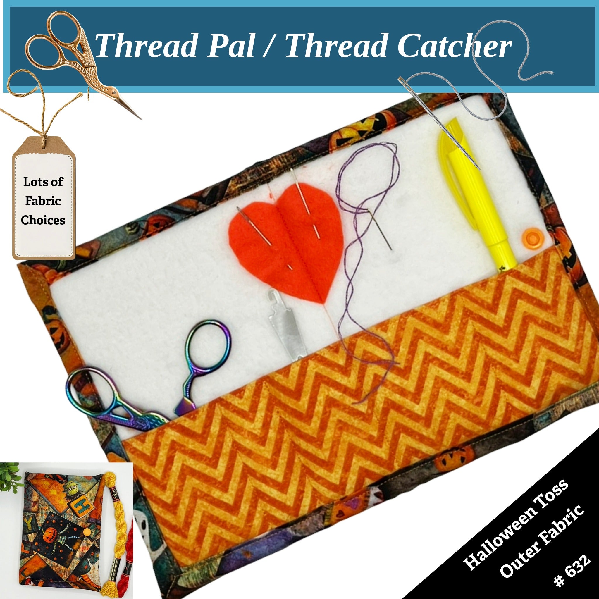 Thread catcher with fabric choices and sewing tools on a white background