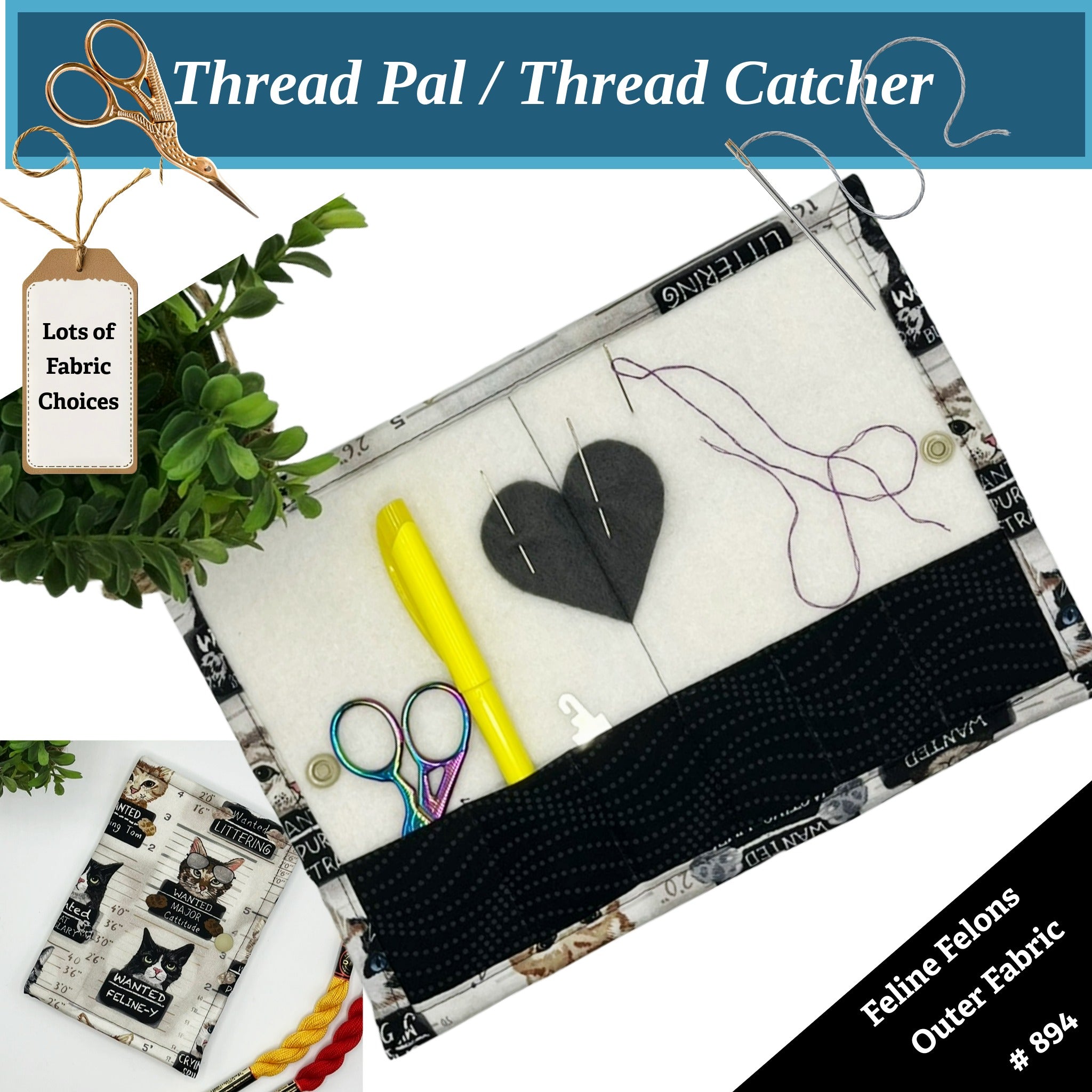 Thread catcher with sewing tools on a fabric background