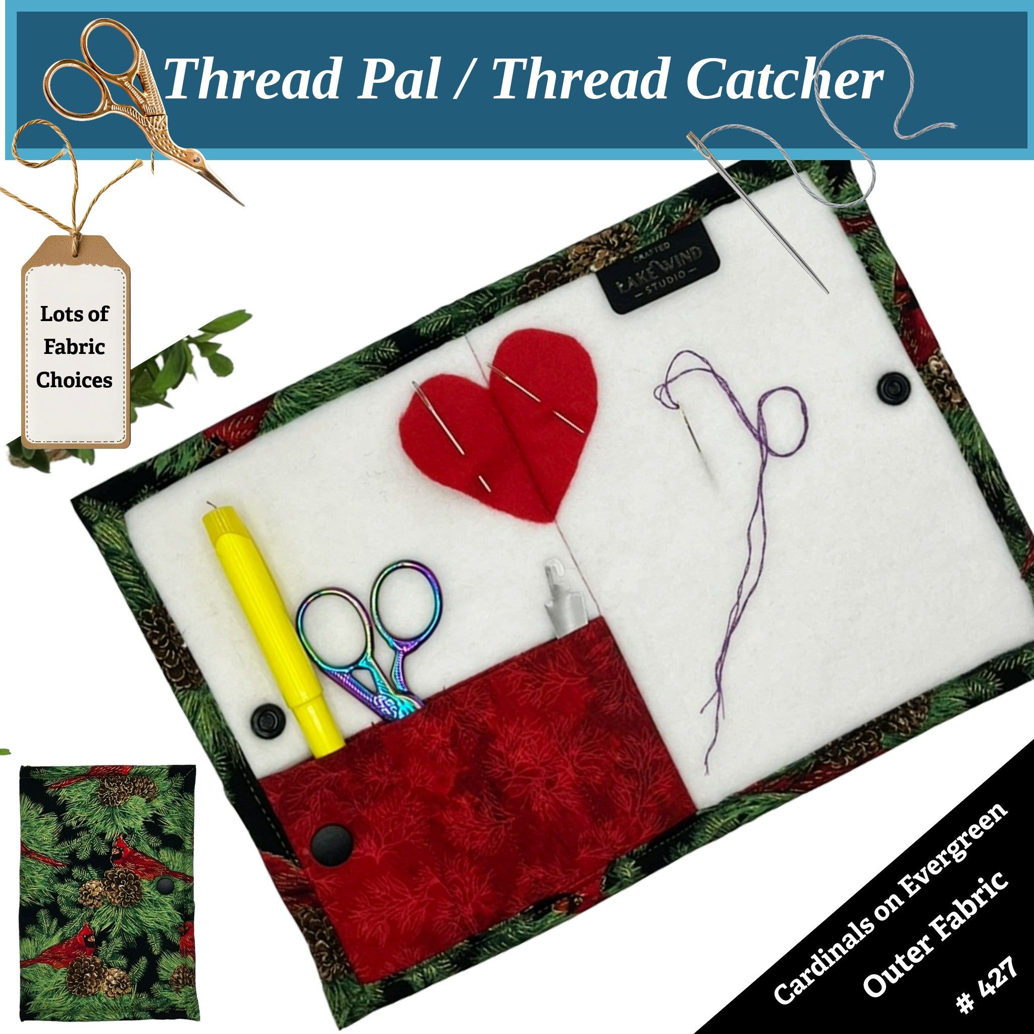 Thread Pal with fabric, scissors, and thread on a white background