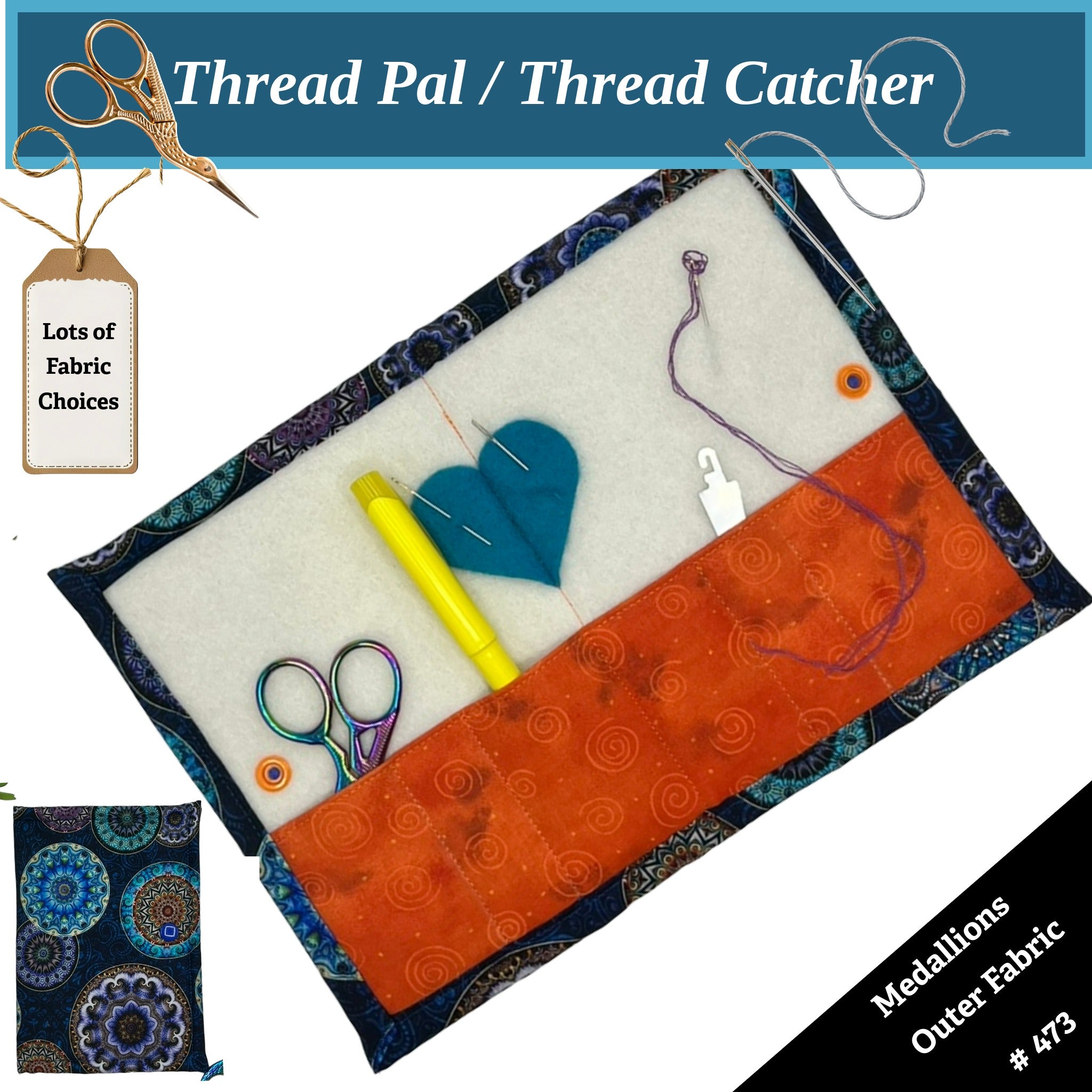 Thread catcher with sewing tools on a white background