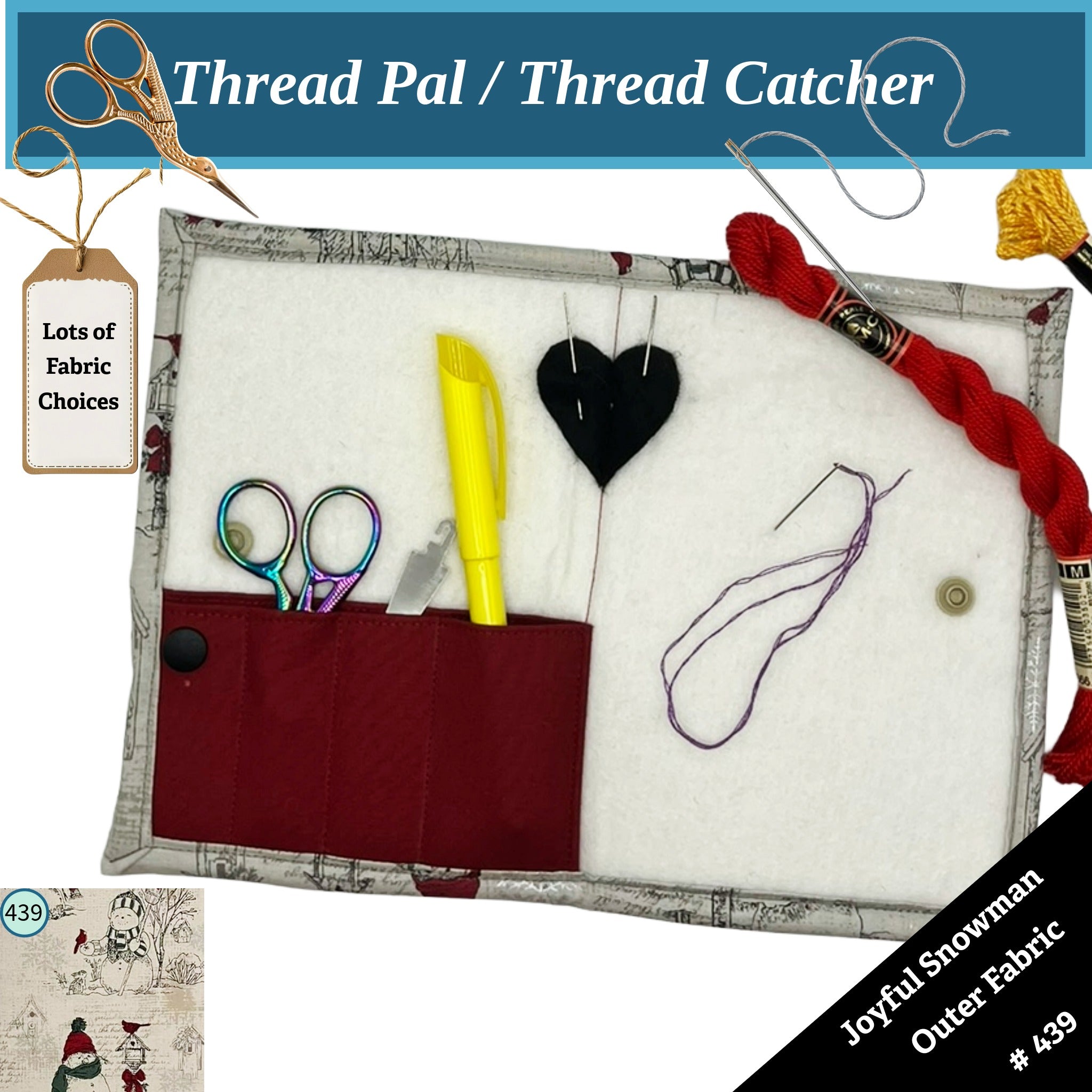 Thread Pal with sewing tools and fabric choices on a white background