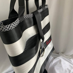 Custom Market Tote Seatbelt Bag - Black & Cloud Stripes