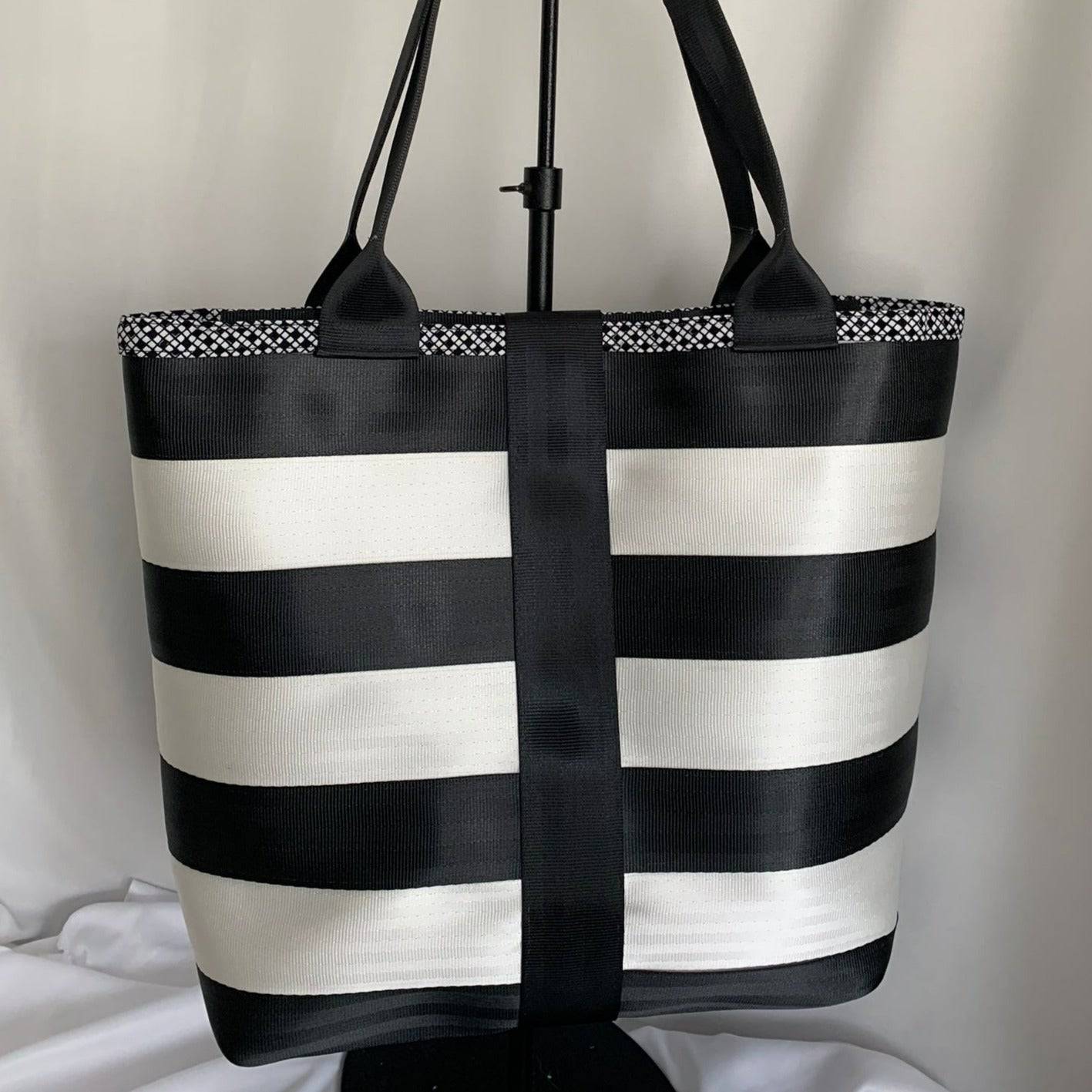 Custom Market Tote Seatbelt Bag - Black & Cloud Stripes