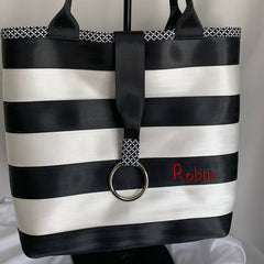 Custom Market Tote Seatbelt Bag - Black & Cloud Stripes