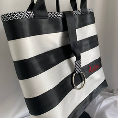 Custom Market Tote Seatbelt Bag - Black & Cloud Stripes